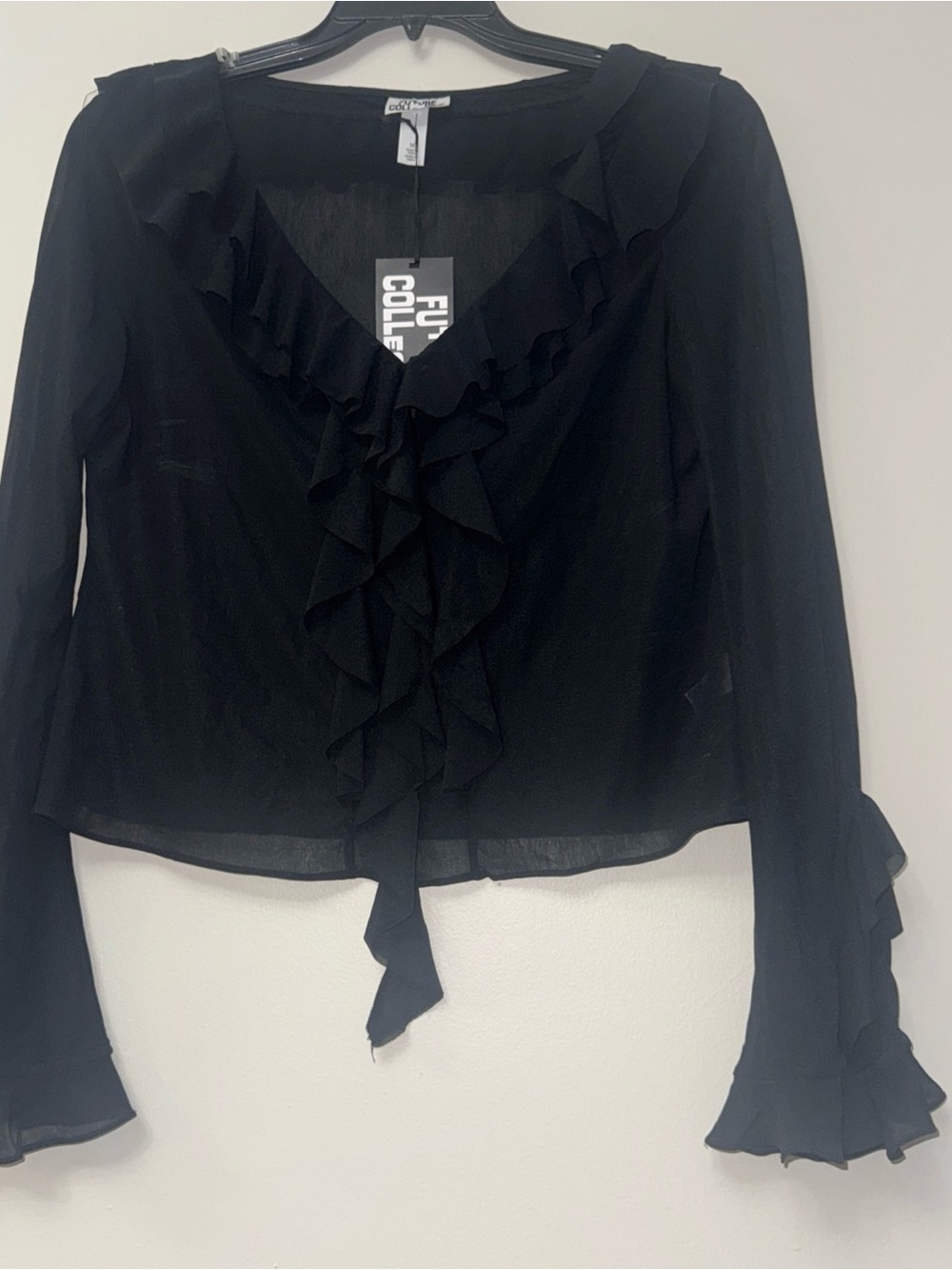 Black Ruffle V-Neck Long Sleeve Top - Picture 3 of 5